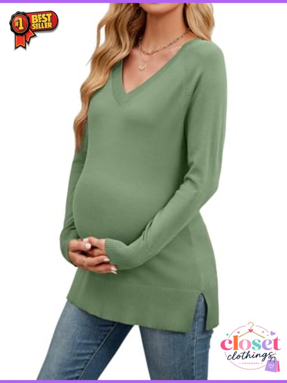 Oversized V-Neck Ribbed Knit Maternity Sweater Split Side Long Sleeve